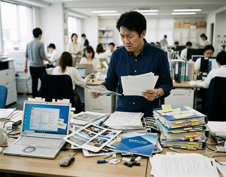 原稿や写真、会社案内、USBメモリなどの素材がデスクに山積みになり、どれを渡せばよいか困っている担当者